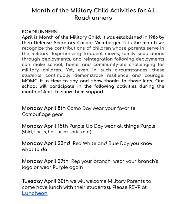 Month of the Military Child Activities for All Roadrunners